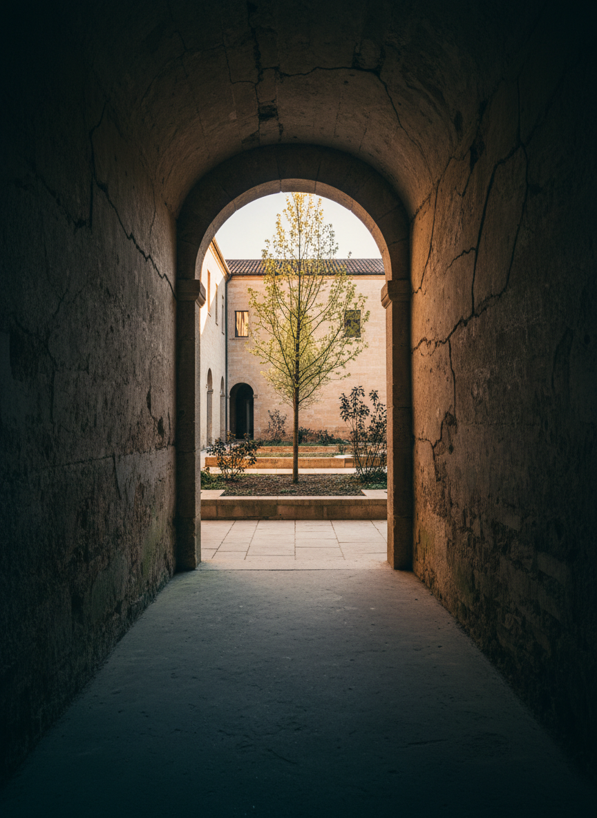 A narrow stone corridor opening into a bright courtyard, the foreground in cool shadow and the distant space flooded with warm, late-afternoon light. The corridor walls show subtle age, with fine cracks and a muted, earthy palette, while the courtyard reveals a small, minimalist garden with winter plants and one young tree pushing out new leaves. Photographic realism with a cinematic, slightly low-angle view that draws the eye from darkness into light. The mood is introspective and hopeful, suggesting inner journey and passage beyond winter. No human figures or explicit religious imagery, just architecture and nature expressing transition.