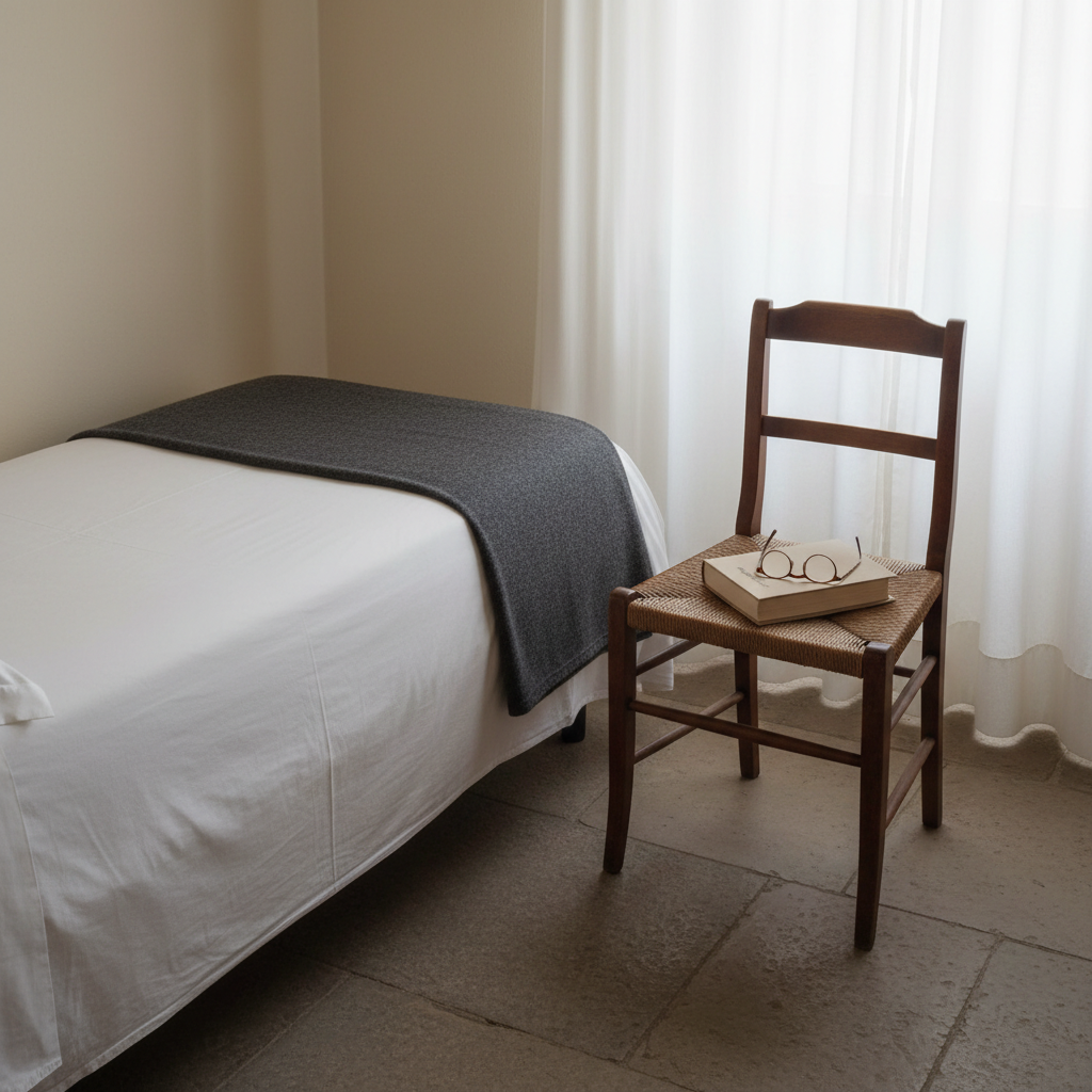A simple, neatly made bed with white linen in a quiet monastic-style room, a single folded dark woolen blanket at the foot and a wooden chair beside it. On the chair rests a closed, plain-covered book and a pair of understated reading glasses. Pale, diffused morning light filters through sheer curtains, softening the edges of every object and casting barely-there shadows. Photographic realism, captured from a slightly elevated angle to show the whole corner of the room. The mood is serene, disciplined, and quietly tender, hinting at an interior life dedicated to reflection and commitment without any overt religious symbols or people.